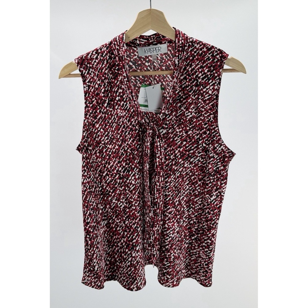 Kasper Satin Printed Tie-Neckline Sleeveless Blouse Fire Red Petite Large PL